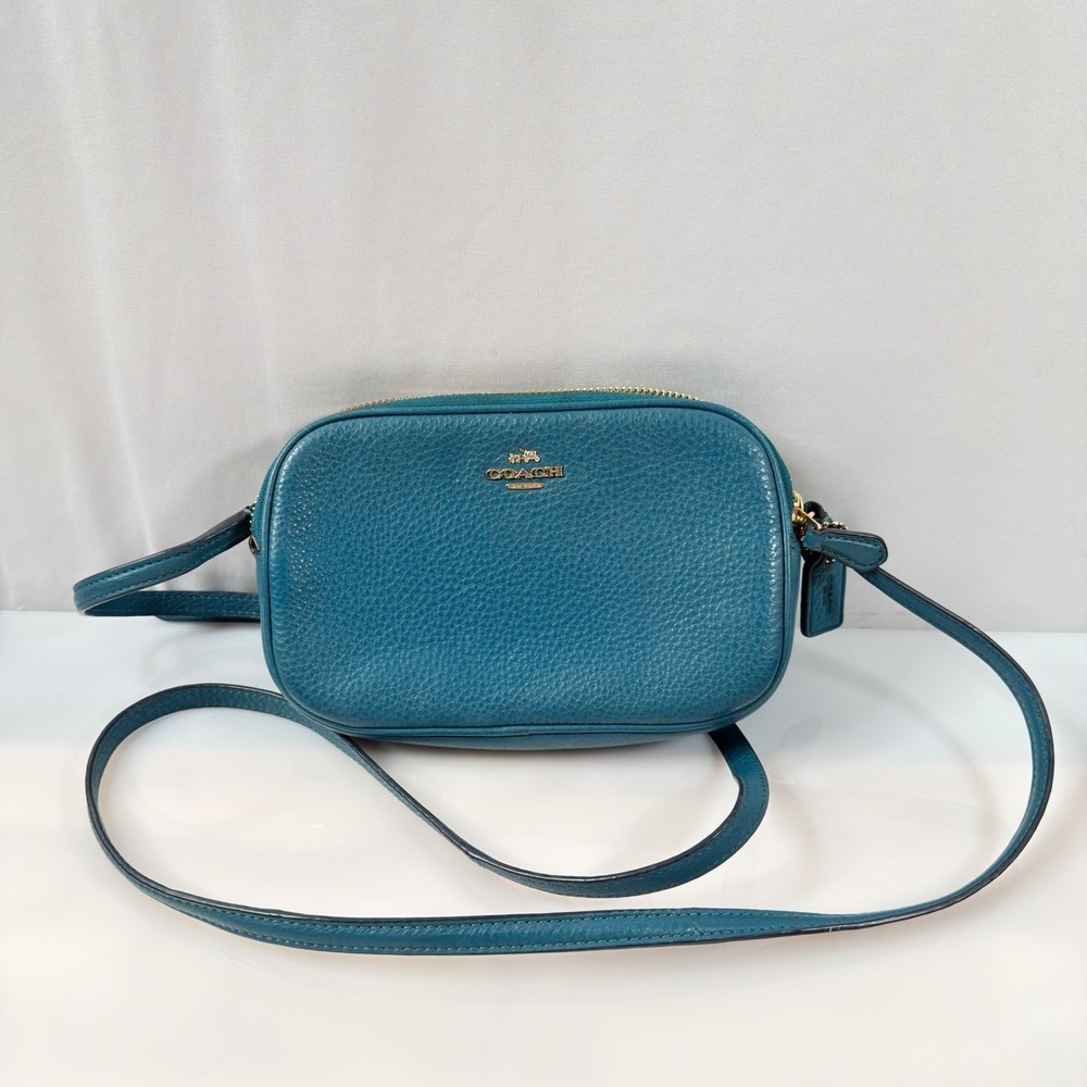 Coach Crossbody Purse Teal Pebbled Leather Double Zipper Bag
